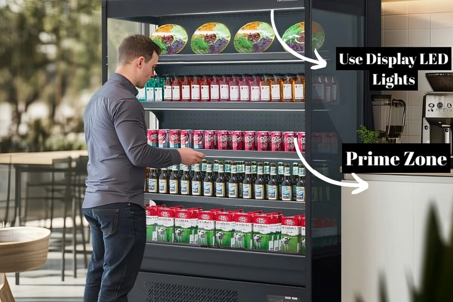 how to organize products in an open air refrigerator