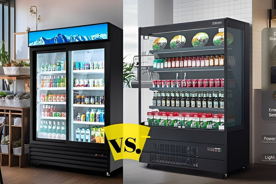 open-air merchandiser vs glass-door refrigerator. which is better for sales?