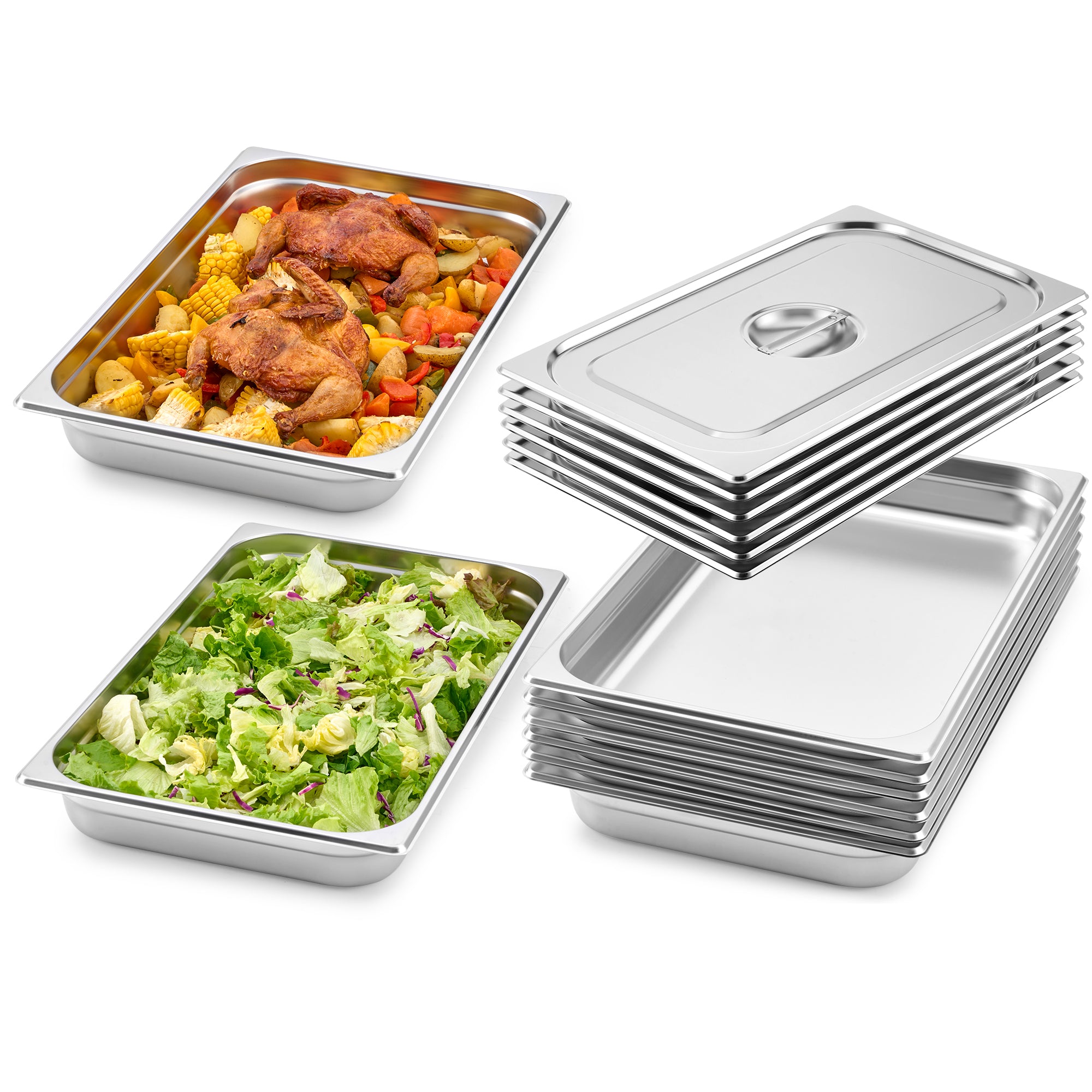 Hotel Pans VEVOR 2 Pack Stainless Steam ,1/2 Size Table S With Lids 6in Deep Anti Jam Restaurant Supplies Reusable Catering Storage Silver Steam Pan