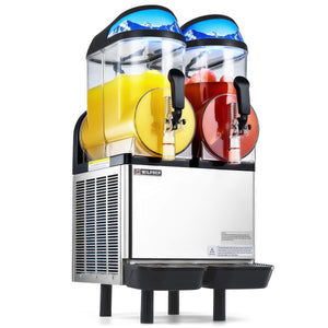 A commercial slushy machine with two tanks, one yellow and one red, filled with slushy drinks.