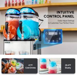 Wilprep dual-tank commercial slushy machine with yellow and red drinks, equipped with an intuitive control panel to adjust settings and create perfect flavors.