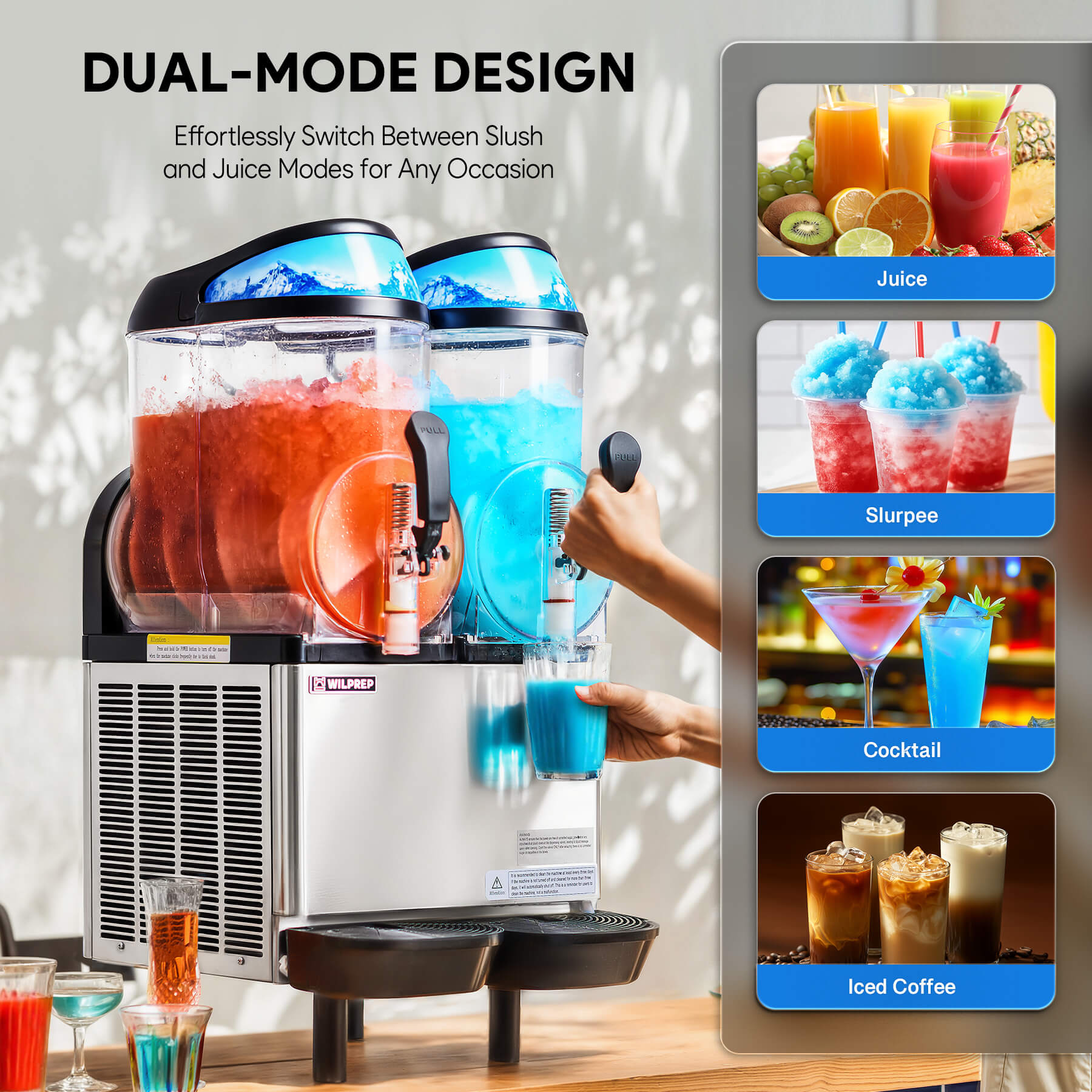 Wilprep dual-mode commercial slushy machine for slush and juice, perfect for cafes, restaurants, and events.