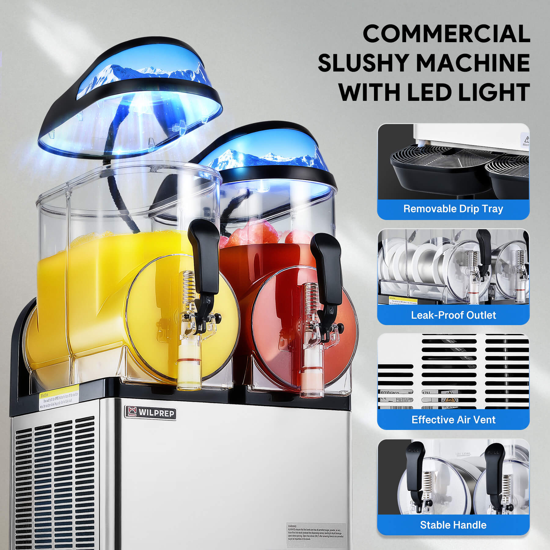 Wilprep commercial slushy machine with LED lighting, ideal for cafes, restaurants, and events.