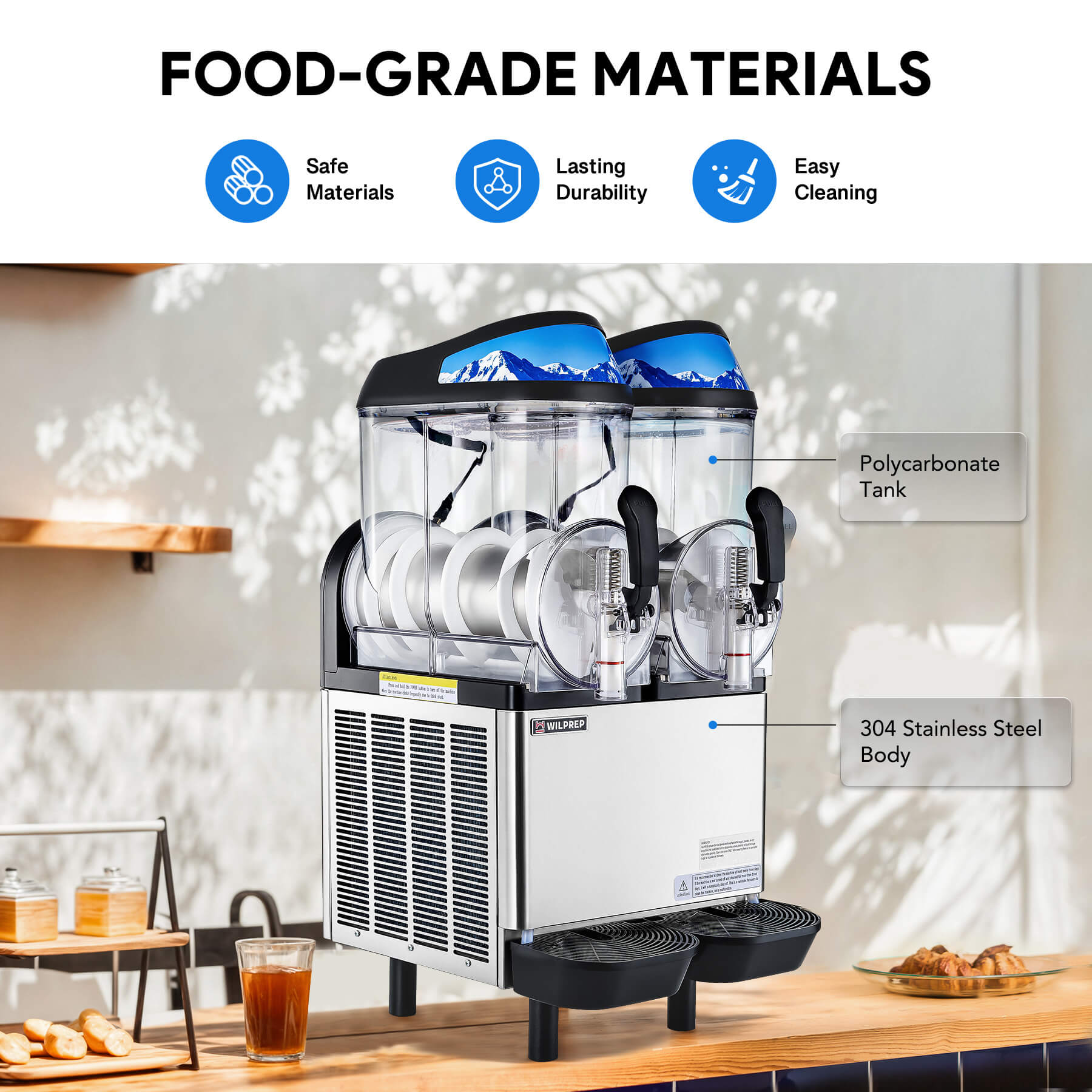 Wilprep commercial slushy machine made with food-grade, durable, and easy-to-clean materials for safe beverage preparation.