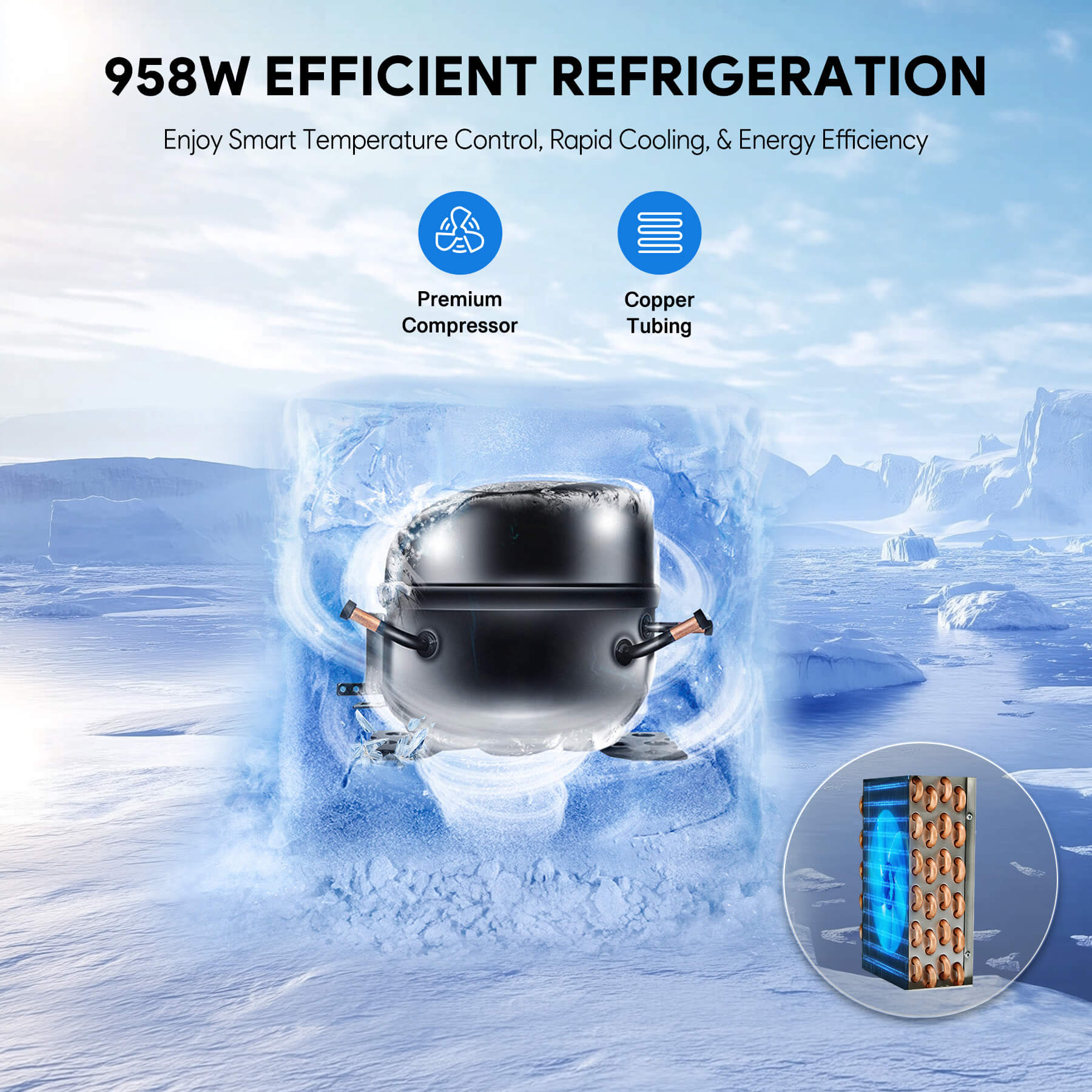 Wilprep 958W commercial slushy machine featuring efficient refrigeration, smart temperature control, rapid cooling, and durable copper compressor tubing.