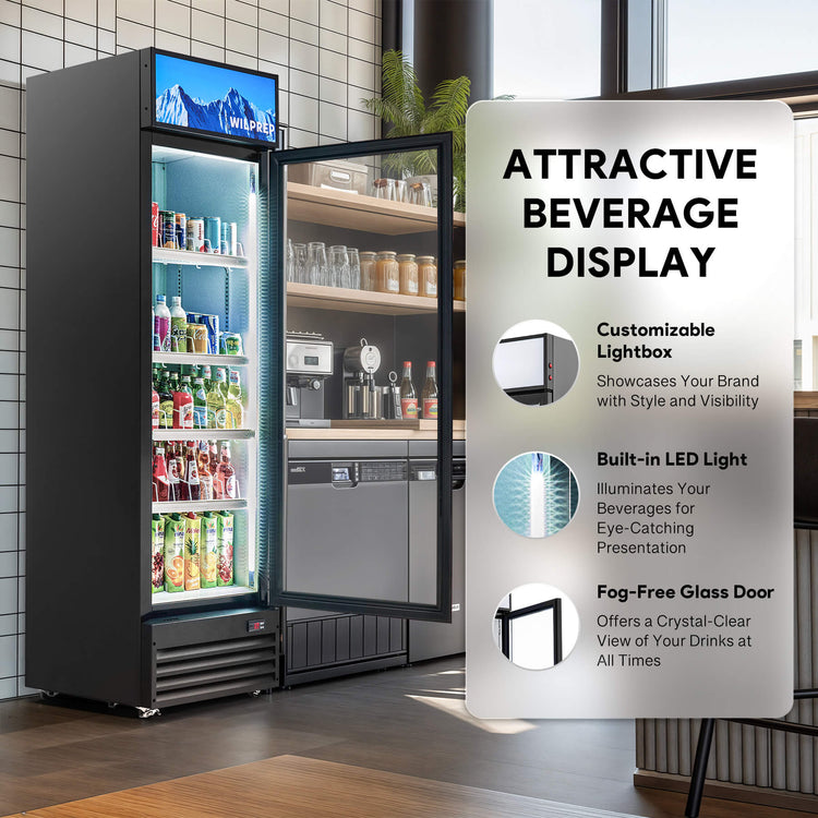 Commercial display refrigerator with glass doors showing various beverages inside. The brand name 'Wildprep' is visible at the top.