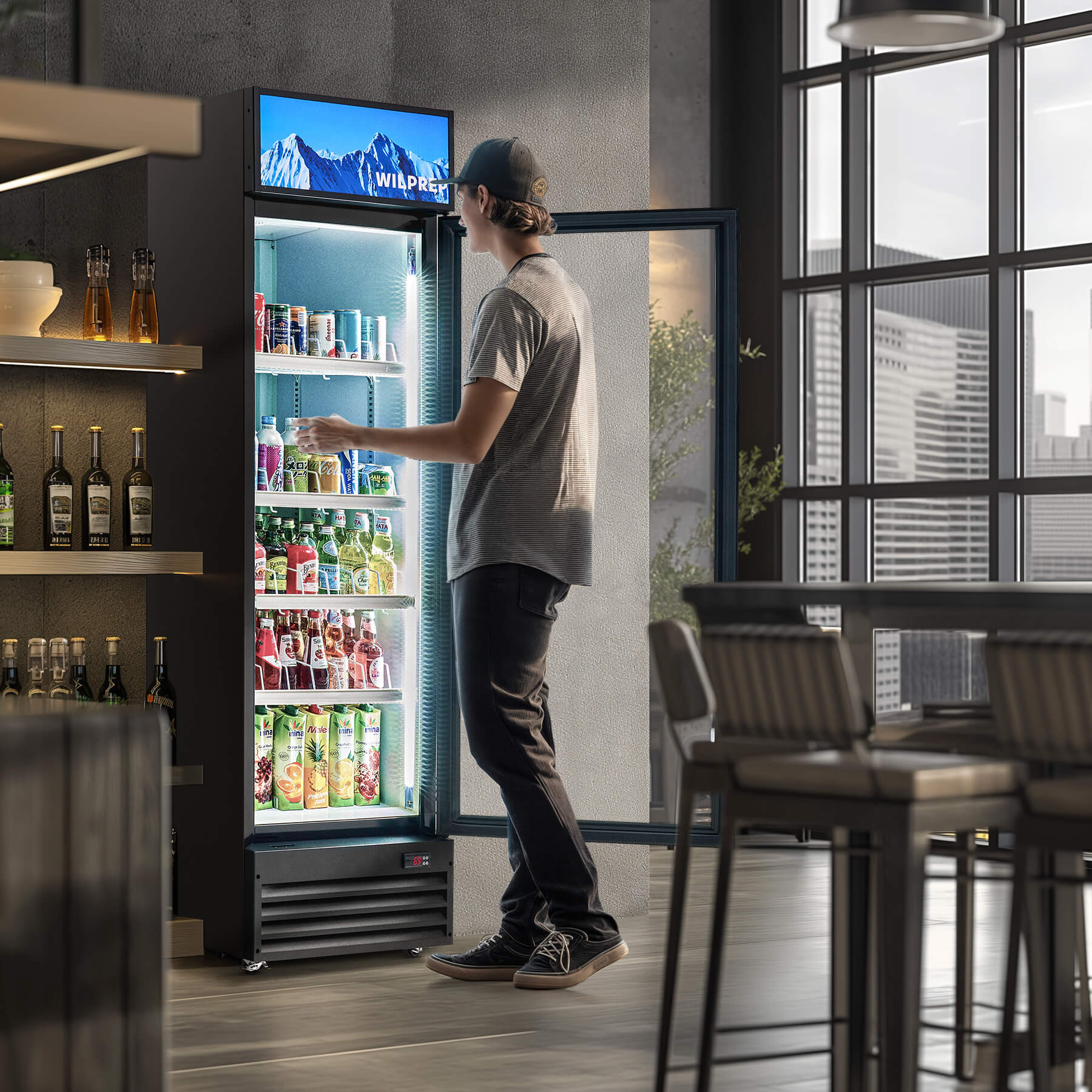 Commercial display refrigerator with glass doors showing various beverages inside. The brand name 'Wildprep' is visible at the top.