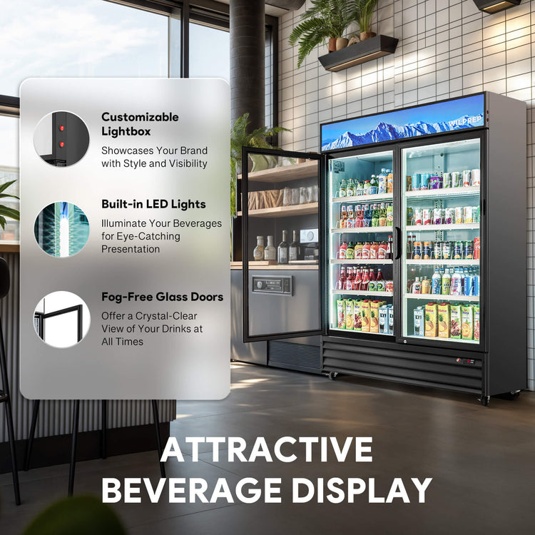 A commercial display refrigerator with two glass doors and multiple shelves filled with various beverages. The refrigerator is black in color and has a digital display at the top.