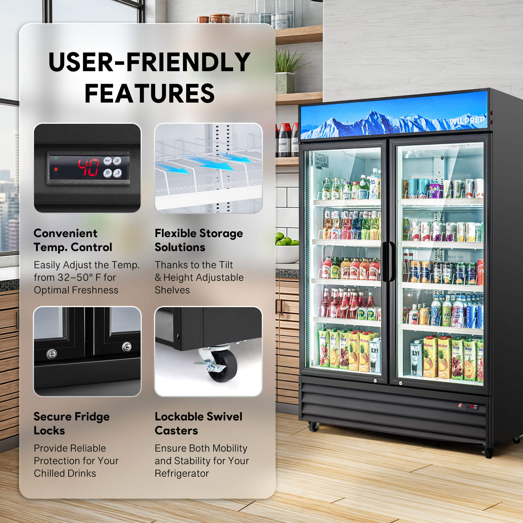 A commercial display refrigerator with two glass doors and multiple shelves filled with various beverages. The refrigerator is black in color and has a digital display at the top.