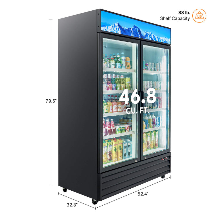 Commercial display refrigerator with two glass doors and multiple shelves filled with various beverages.