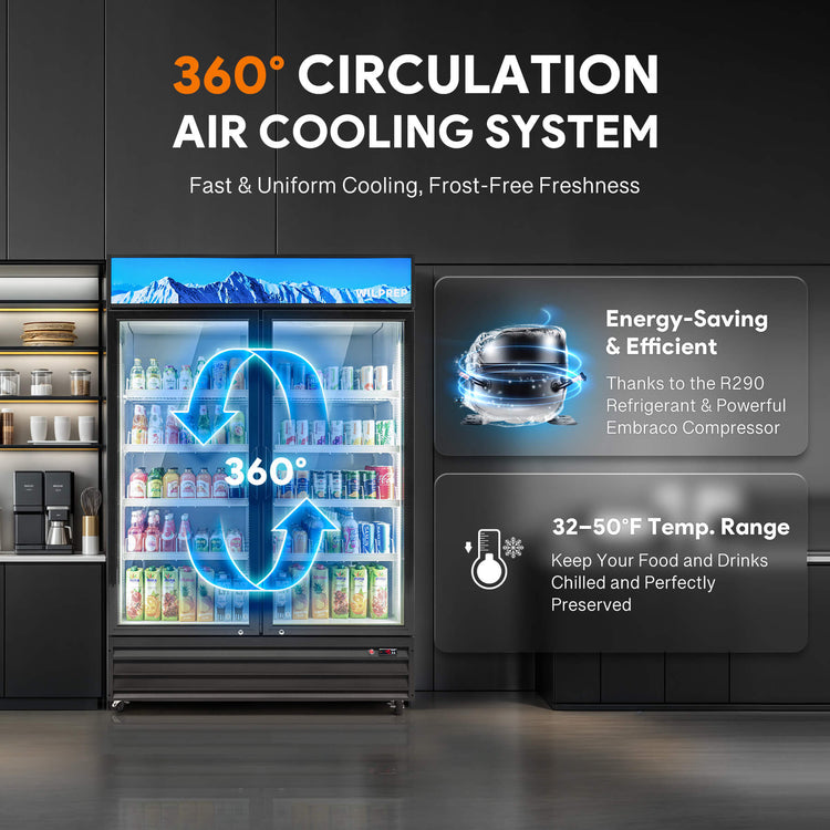 Professional commercial fridge with 360° air cooling circulation, Low-E tempered glass doors, UV protection, high-density insulation, and self-closing design ensuring optimal energy savings and product visibility.