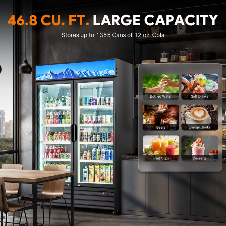 Commercial display refrigerator with two glass doors and multiple shelves filled with various beverages.