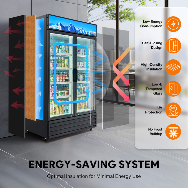 Commercial display refrigerator with two glass doors and multiple shelves filled with various beverages.