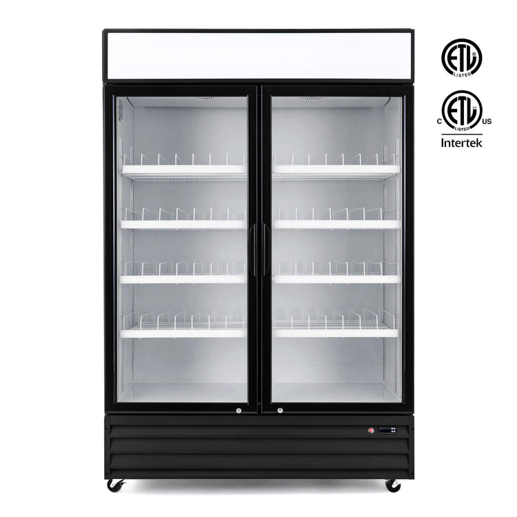 Commercial display refrigerator with two glass doors and multiple shelves filled.