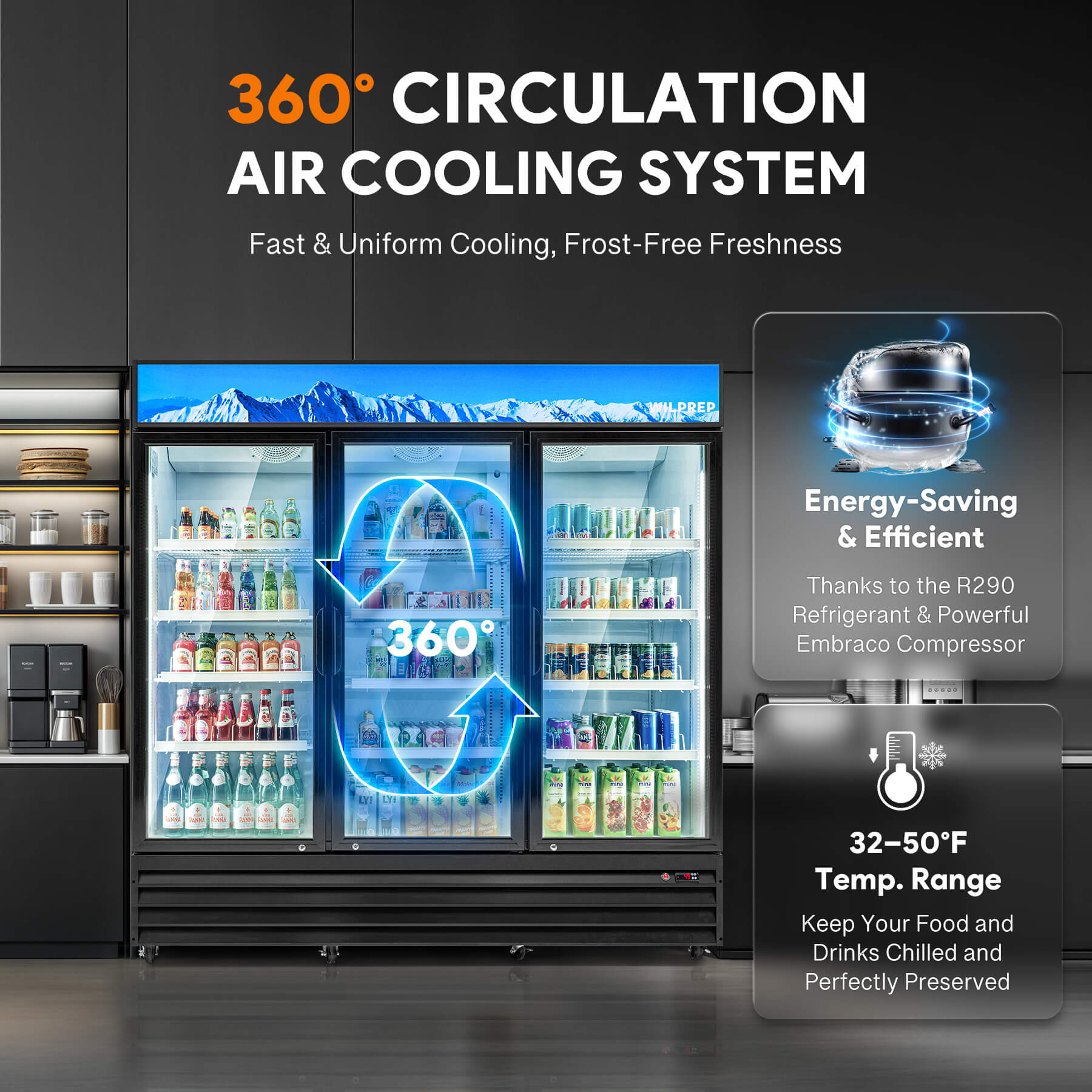 67.3-inch commercial display refrigerator with three glass doors, 360° circulation air cooling system for fast and uniform cooling, frost-free freshness, low energy consumption, and UL-certified insulation for professional use.