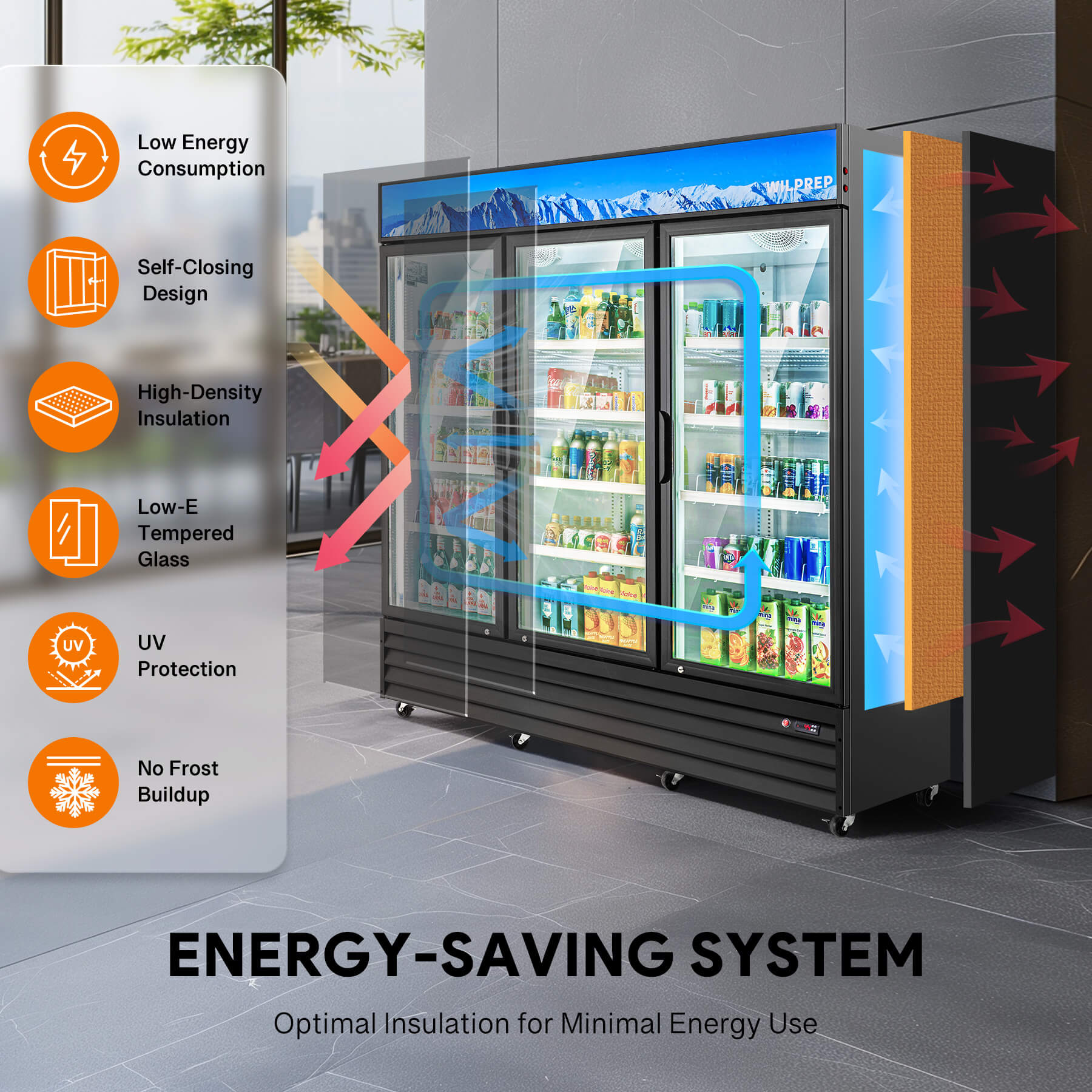 Professional commercial fridge featuring energy-saving system with optimal insulation for minimal energy use, Low-E tempered glass doors, UV protection, and self-closing design for reliable performance and clear product display.