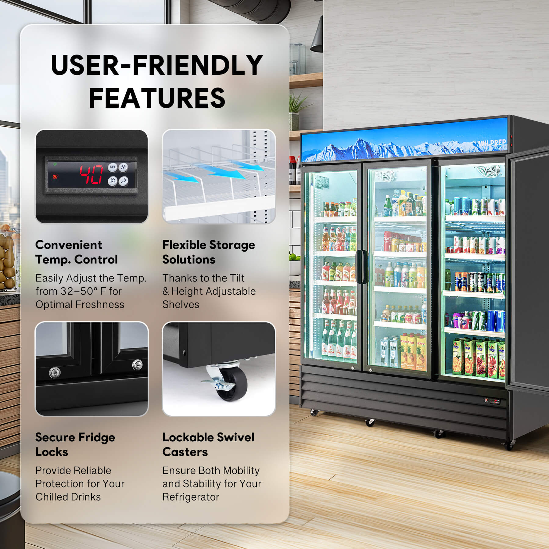 Compact professional display refrigerator and commercial fridge featuring LED control panel, height-adjustable shelving, wire tube condenser, and user-friendly design with secure locks, flexible temperature settings, and easy mobility for cafés or convenience stores.