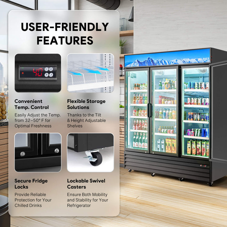 Compact professional display refrigerator and commercial fridge featuring LED control panel, height-adjustable shelving, wire tube condenser, and user-friendly design with secure locks, flexible temperature settings, and easy mobility for cafés or convenience stores.