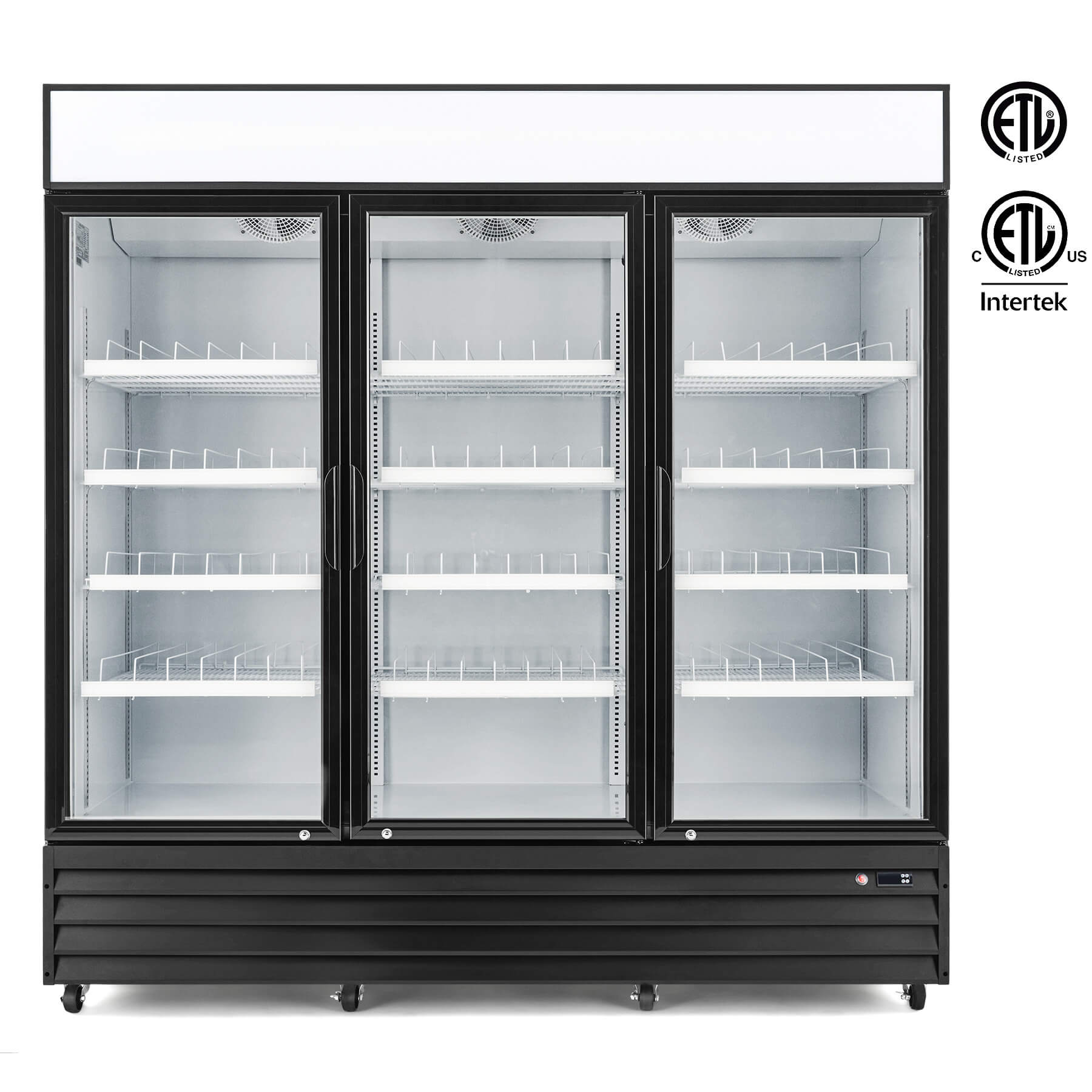 A three-door commercial merchandiser refrigerator with glass doors and multiple shelves visible through the glass.