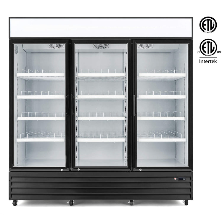 A three-door commercial merchandiser refrigerator with glass doors and multiple shelves visible through the glass.