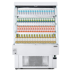 A vertical open-air merchandiser refrigerator with multiple shelves displaying bottles, constructed from stainless steel with a clear glass door.