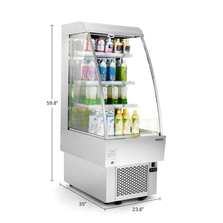 24-inch black vertical air curtain commercial refrigerator with LED control panel, adjustable shelves, and wire tube condenser for efficient heat transfer, UL certified for reliable commercial use in cafés and convenience stores.