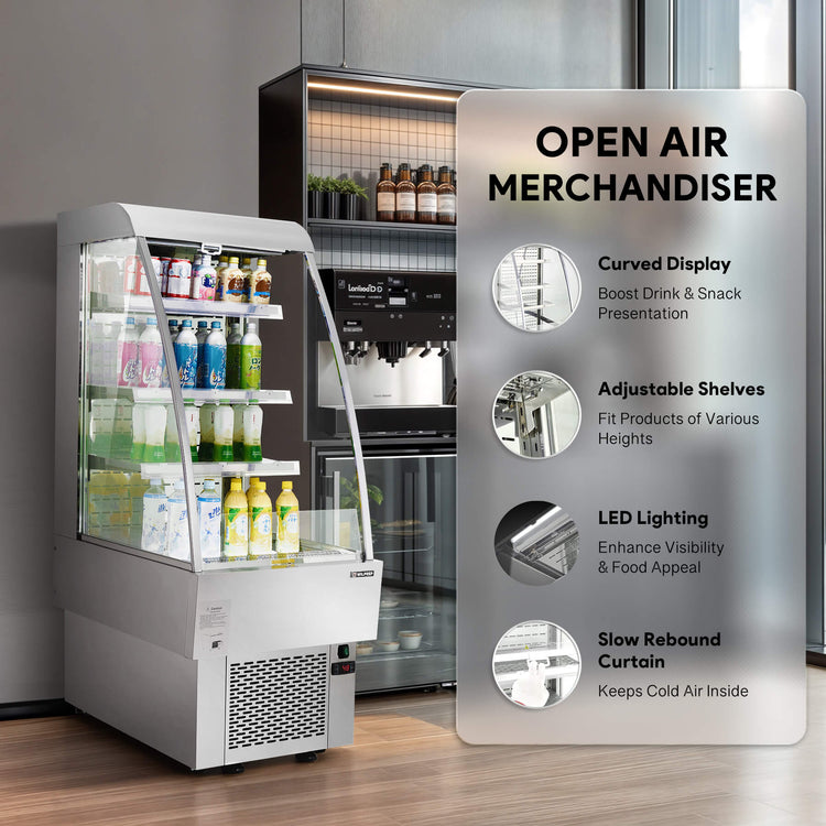 Compact professional display refrigerator and commercial fridge featuring LED control panel, height-adjustable shelving, and wire tube condenser for effective cooling performance, ideal for small retail environments.