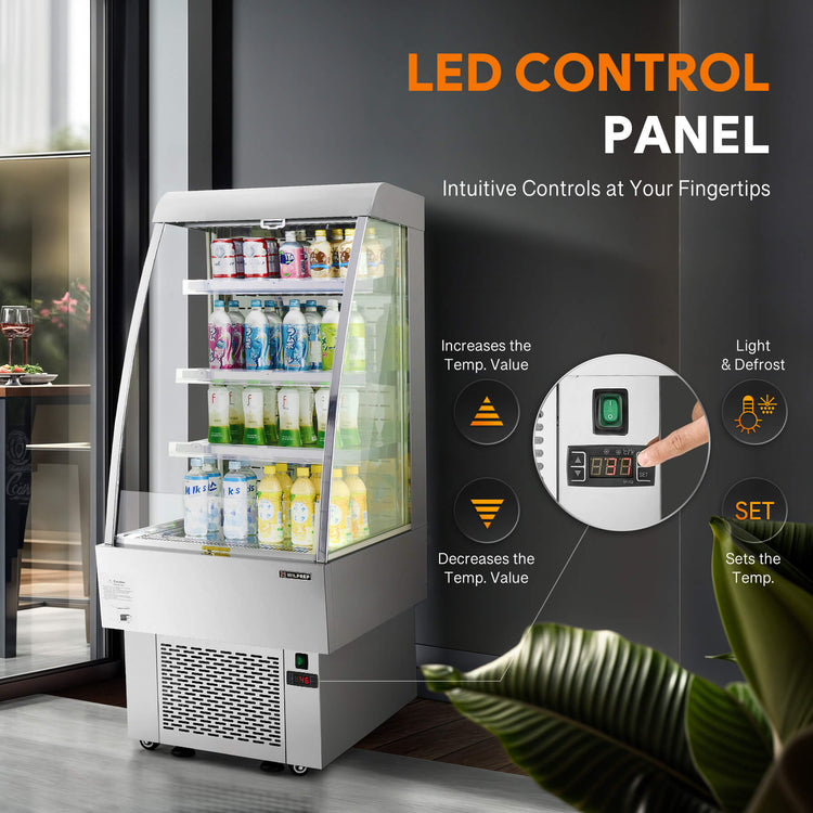 Energy-efficient 24" commercial cooler and UL refrigerator with LED control panel, adjustable shelf height, and wire tube condenser to ensure consistent temperature and product freshness.