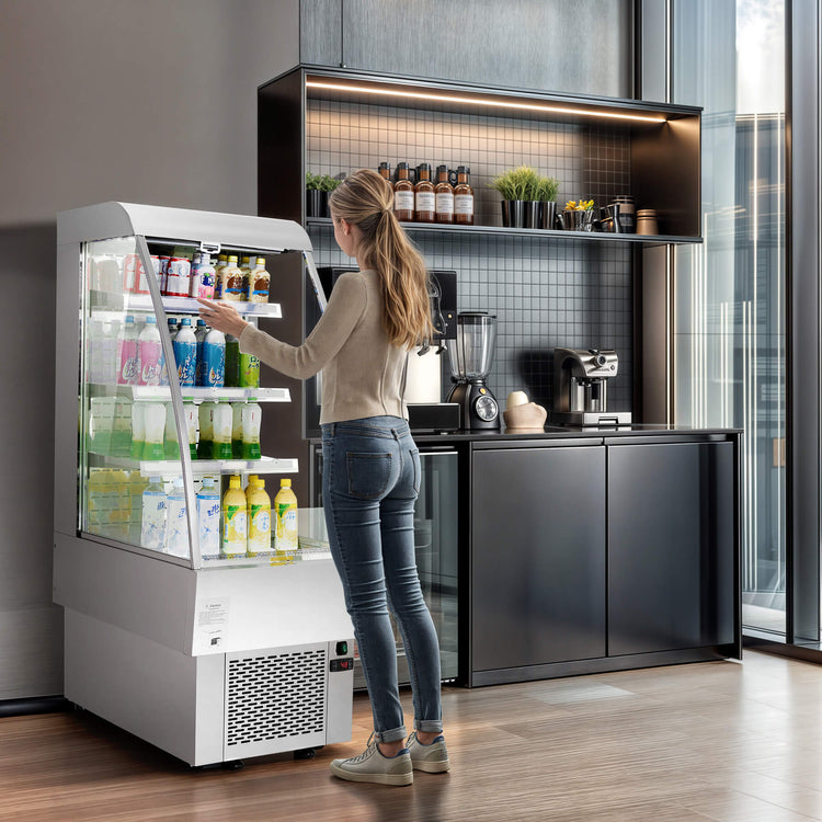 Vertical air curtain professional refrigerator with 8.1 cu. ft. volume, LED control panel, wire tube condenser, and adjustable shelves, designed for multi-scene commercial applications.