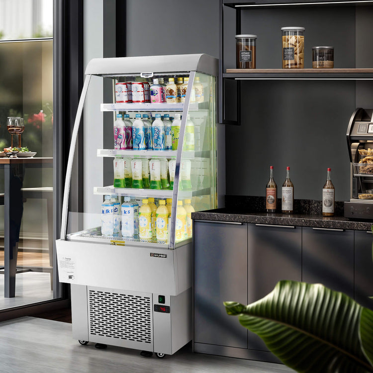 Energy-efficient 24" commercial cooler and UL refrigerator with LED control panel, adjustable shelf height, and wire tube condenser to ensure consistent temperature and product freshness.