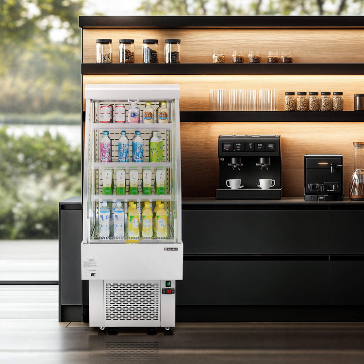 Compact professional display refrigerator and commercial fridge featuring LED control panel, height-adjustable shelving, and wire tube condenser for effective cooling performance, ideal for small retail environments.