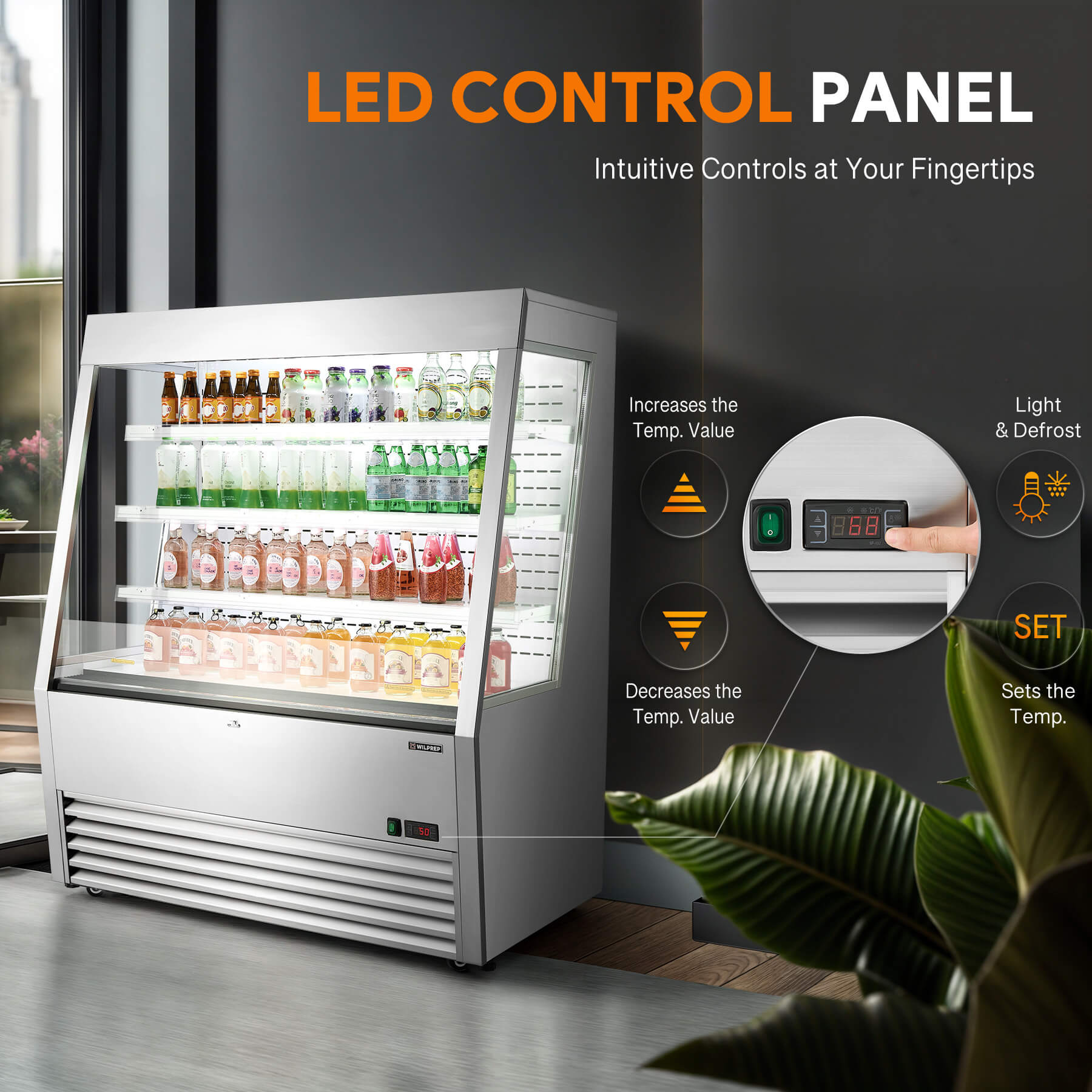 47-inch commercial fridge and display refrigerator with UL certification, LED control panel, and adjustable shelving for optimal product visibility and cooling efficiency.