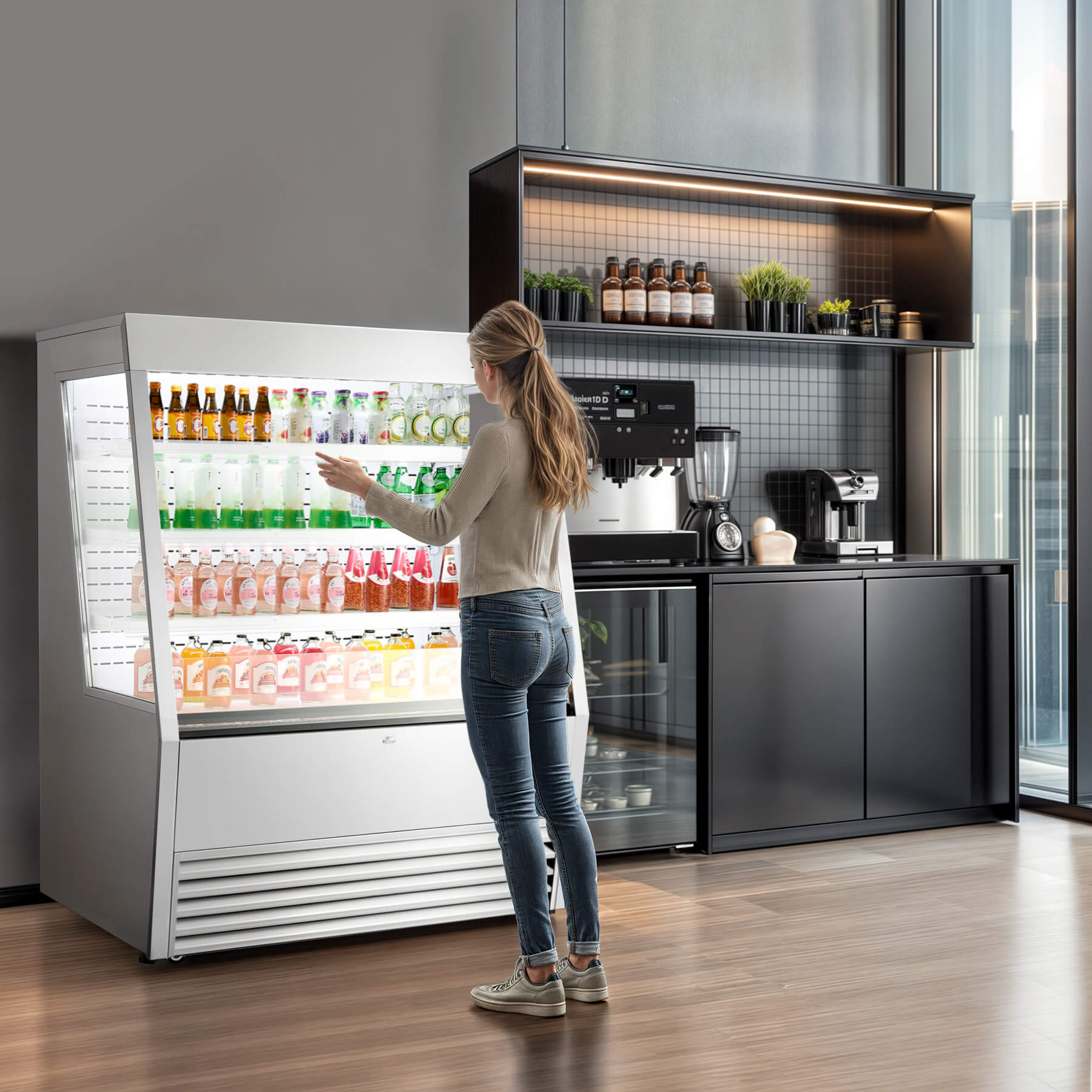 47-inch black vertical air curtain commercial refrigerator with LED control panel, adjustable shelves, and UL certification, ideal for cafés, convenience stores, and grocery displays.