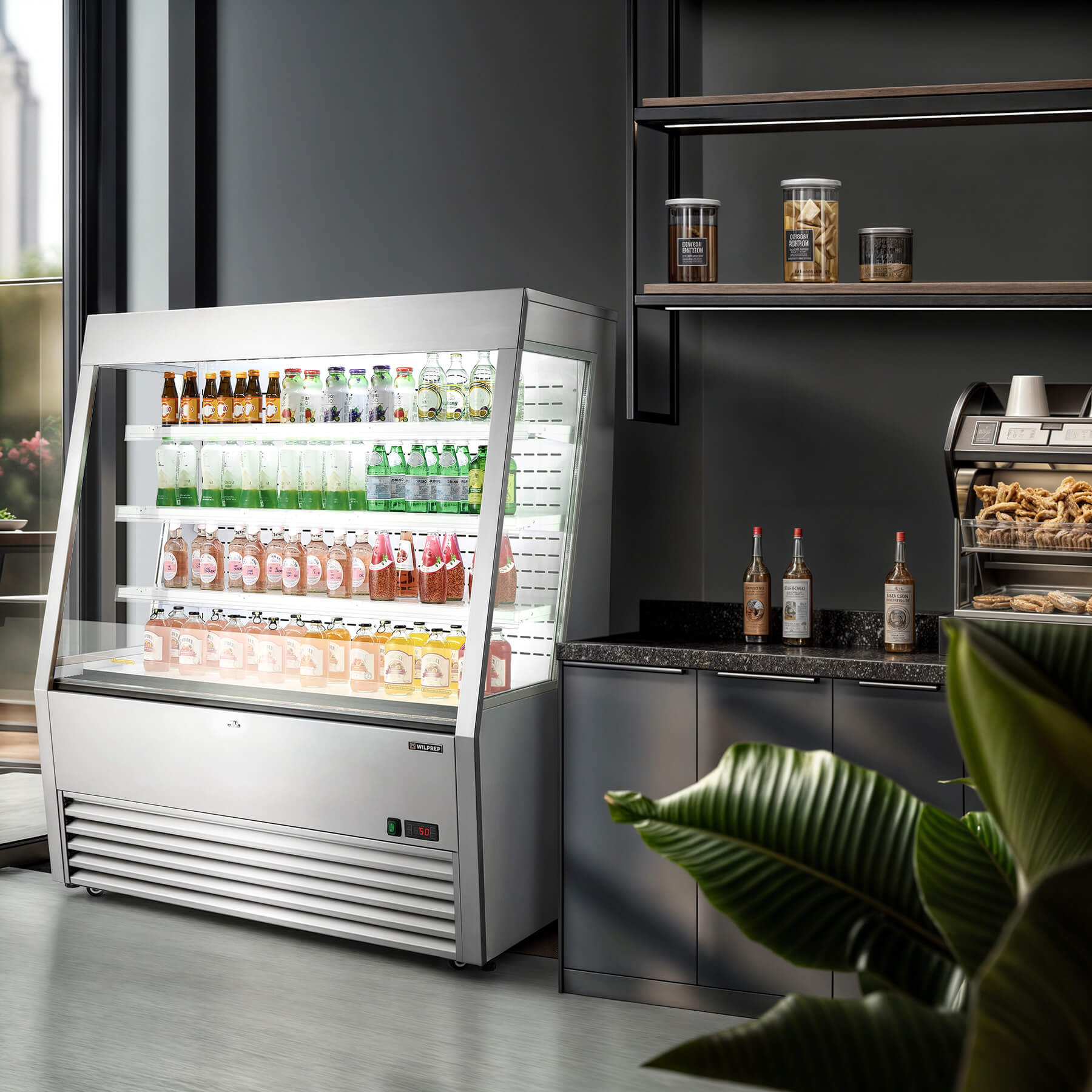 Energy-efficient 47" commercial cooler and UL refrigerator with LED control panel and adjustable shelf height, perfect for beverage, dairy, or food display.
