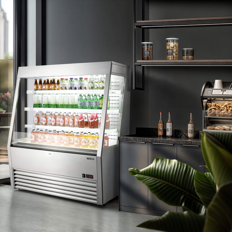 Energy-efficient 47" commercial cooler and UL refrigerator with LED control panel and adjustable shelf height, perfect for beverage, dairy, or food display.