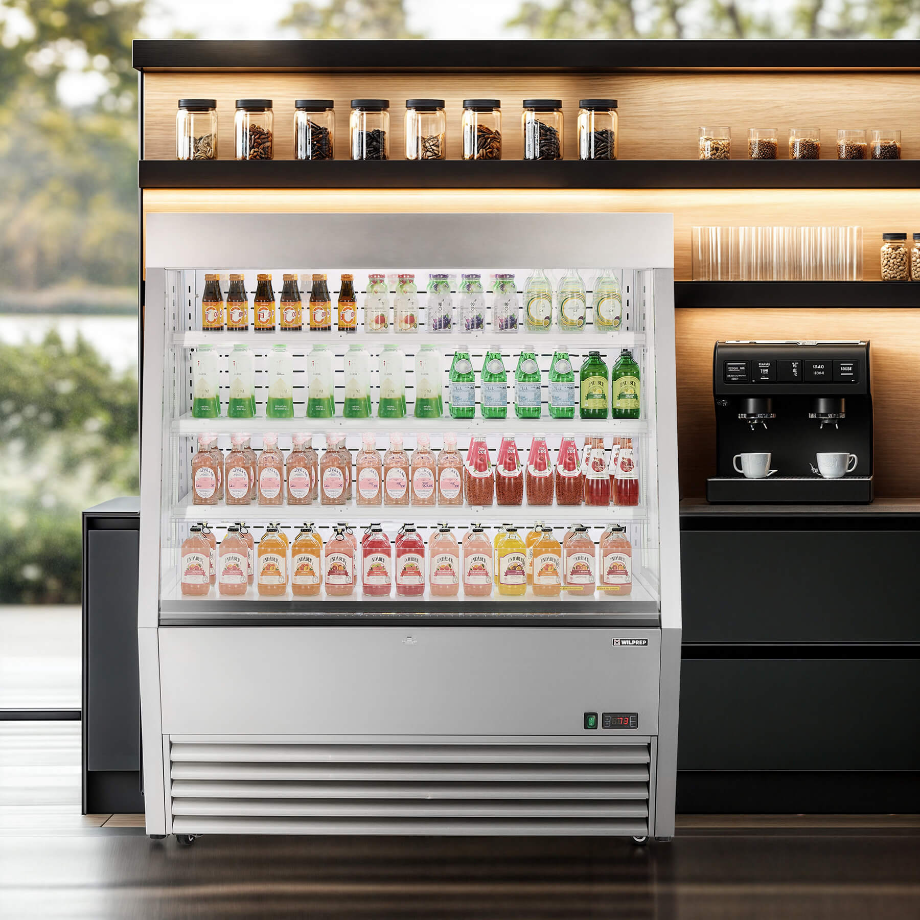 Professional display refrigerator and commercial fridge featuring LED control panel, height-adjustable shelving, and 12.2 cu. ft. storage for versatile retail applications.
