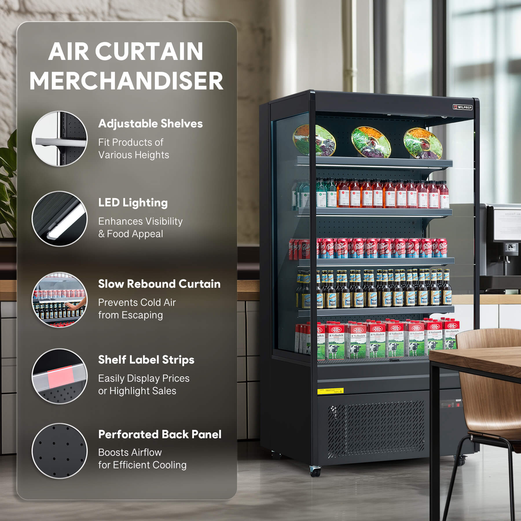 Black air curtain display refrigerator and professional commercial fridge with LED control panel, adjustable shelves, and 14.8 cu. ft. storage volume for multiple business settings.