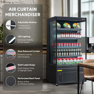 Black air curtain display refrigerator and professional commercial fridge with LED control panel, adjustable shelves, and 14.8 cu. ft. storage volume for multiple business settings.