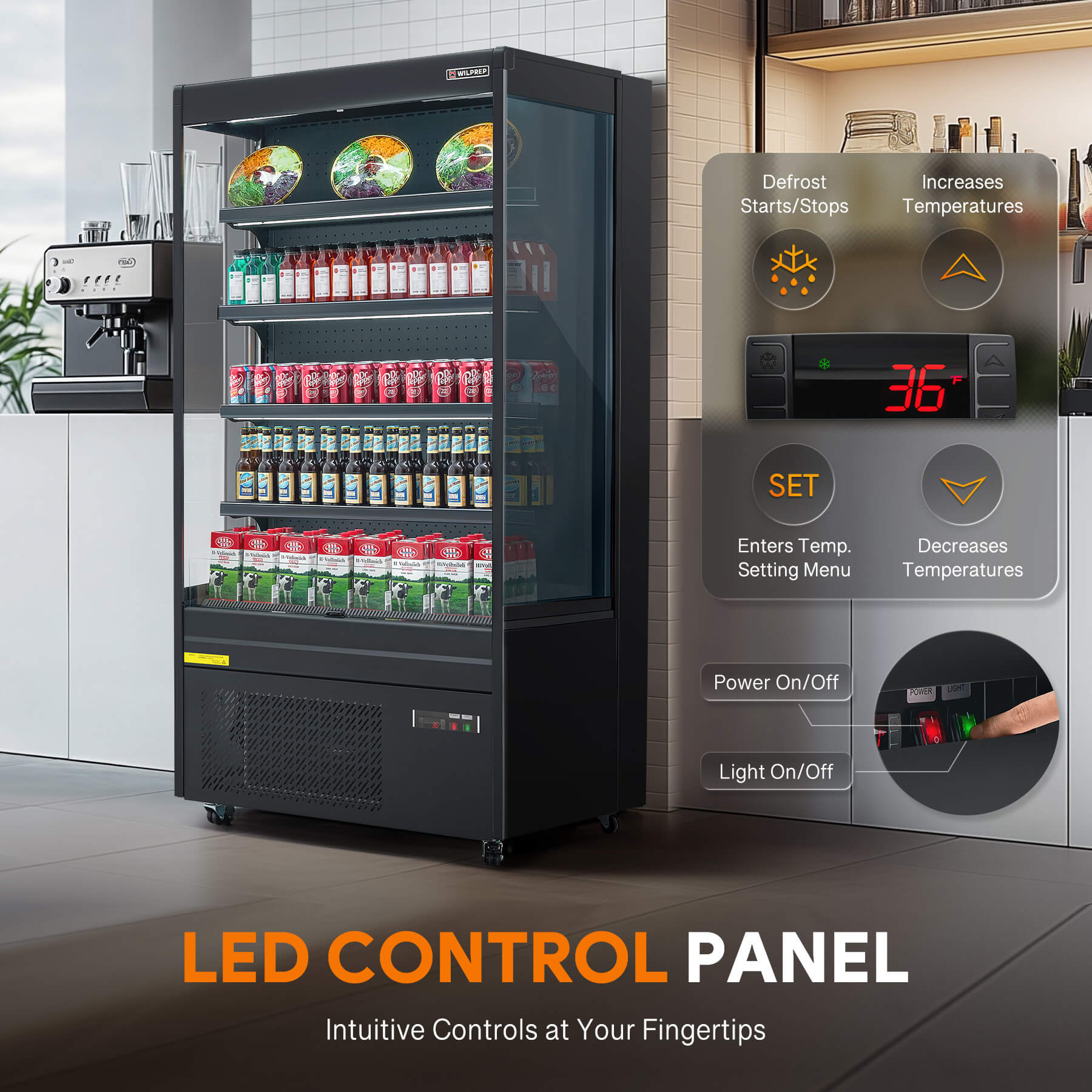 39-inch commercial fridge and UL refrigerator with LED control panel and adjustable shelving, designed for stylish, efficient product presentation in compact retail spaces.