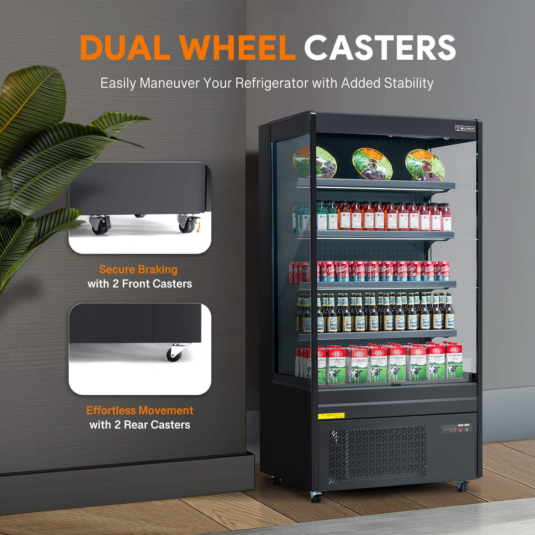 Black air curtain display refrigerator and professional commercial fridge with LED control panel, adjustable shelves, and 14.8 cu. ft. storage volume for multiple business settings.