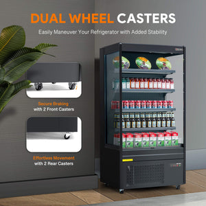 Black air curtain display refrigerator and professional commercial fridge with LED control panel, adjustable shelves, and 14.8 cu. ft. storage volume for multiple business settings.