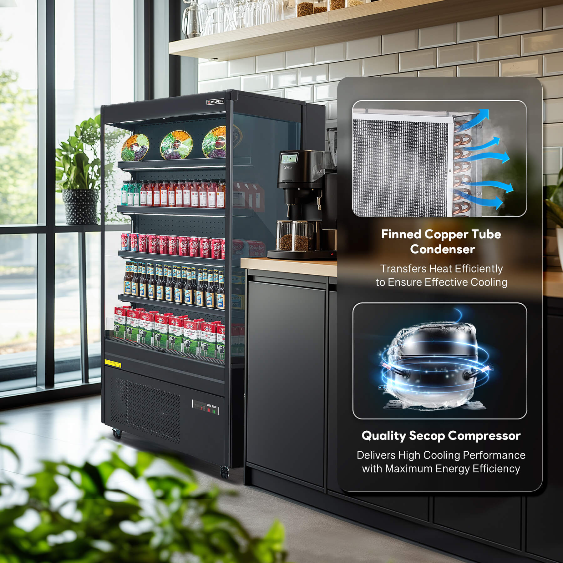 Energy-efficient 39" commercial cooler and display refrigerator with LED control panel and adjustable shelf height, perfect as a UL refrigerator for small stores or food displays.