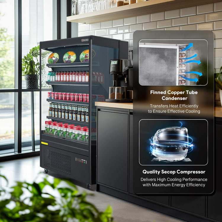 Energy-efficient 39" commercial cooler and display refrigerator with LED control panel and adjustable shelf height, perfect as a UL refrigerator for small stores or food displays.