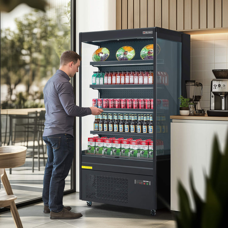 Compact professional refrigerator and commercial fridge featuring LED control panel, height-adjustable shelving, and 14.8 cu. ft. capacity for flexible retail applications.