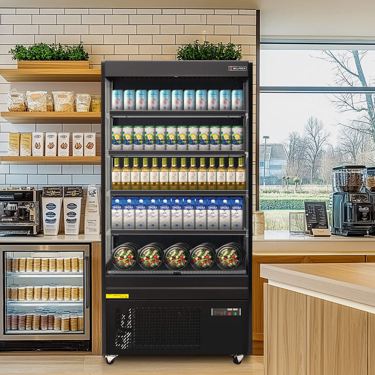 39-inch black vertical air curtain commercial refrigerator with LED control panel, adjustable shelves, and UL certification, ideal for cafés, bakeries, and grocery display use.