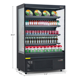 Black air curtain professional refrigerator, LED control panel, and adjustable shelves, designed for multi-scene commercial applications.