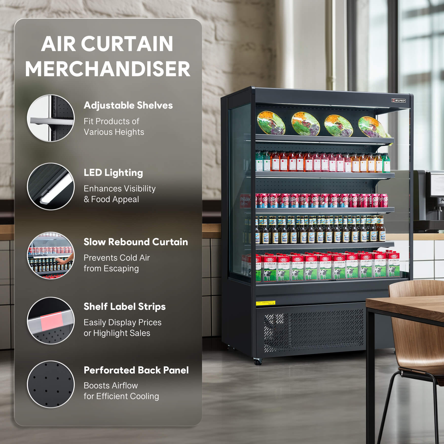 Energy-efficient 51" commercial cooler and UL refrigerator with LED control lights and flexible shelf height, ideal for food, beverage, and dairy display.