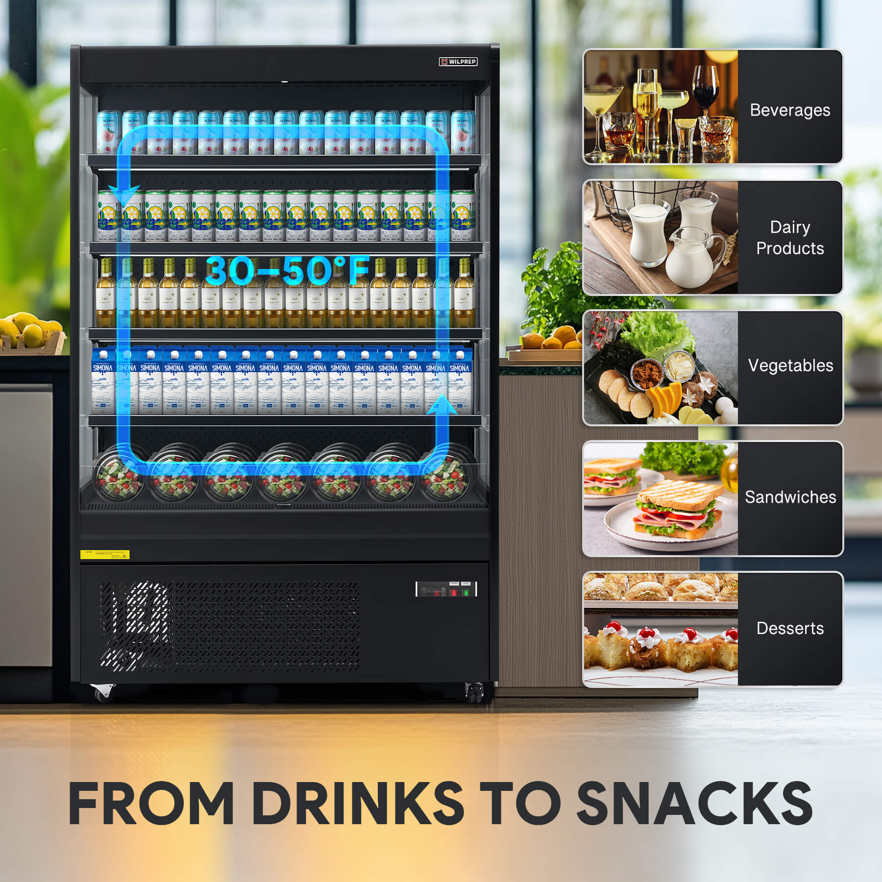 Professional display refrigerator and commercial fridge featuring LED lighting control, height-adjustable shelving, and 19.4 cu. ft. storage for versatile commercial use.