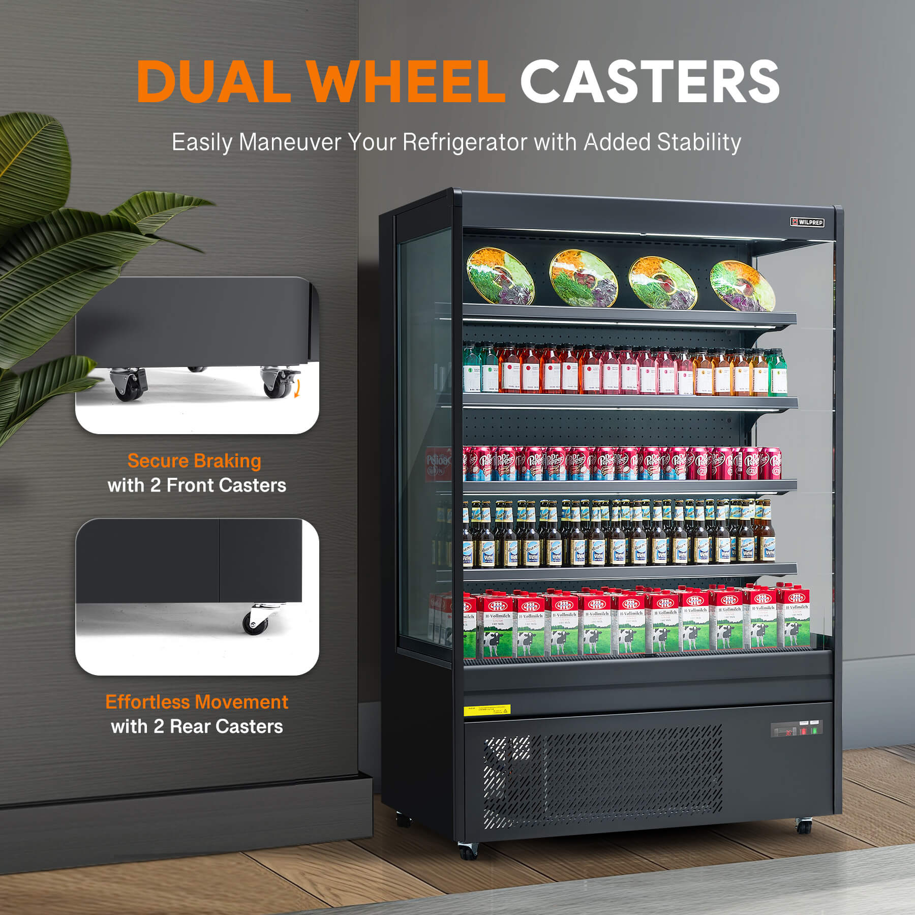 51-inch black vertical air curtain commercial refrigerator with LED control light, adjustable shelves, and UL certification, perfect for cafés, supermarkets, and grocery displays.