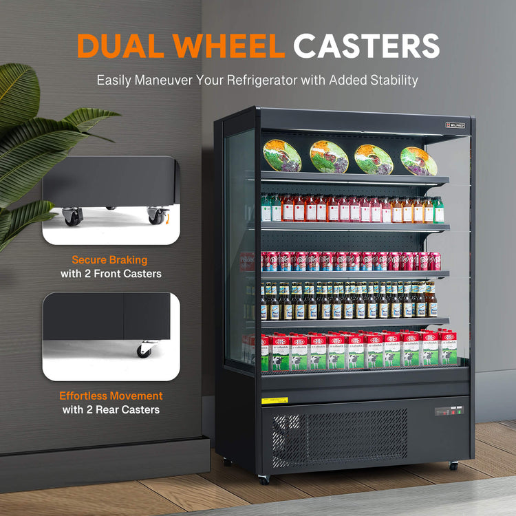 51-inch black vertical air curtain commercial refrigerator with LED control light, adjustable shelves, and UL certification, perfect for cafés, supermarkets, and grocery displays.